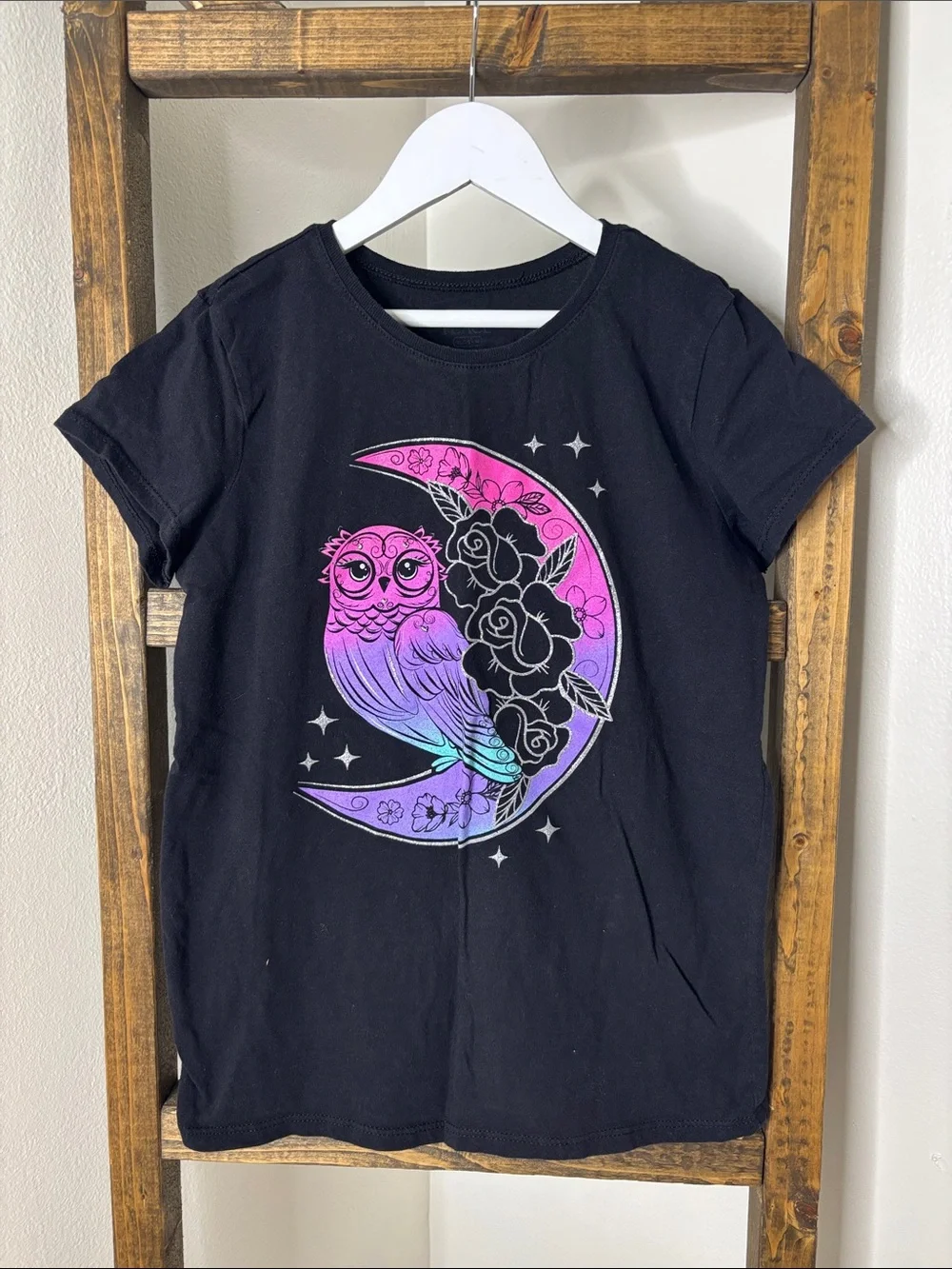 Children’s Place Girls Black Tee with Pink & Purple Owl Moon Graphic Size XL